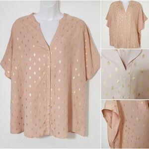 Women Shirt Top 4XL Blush Pink Button Up Metallic Dots/Brushstrokes‎ Gold